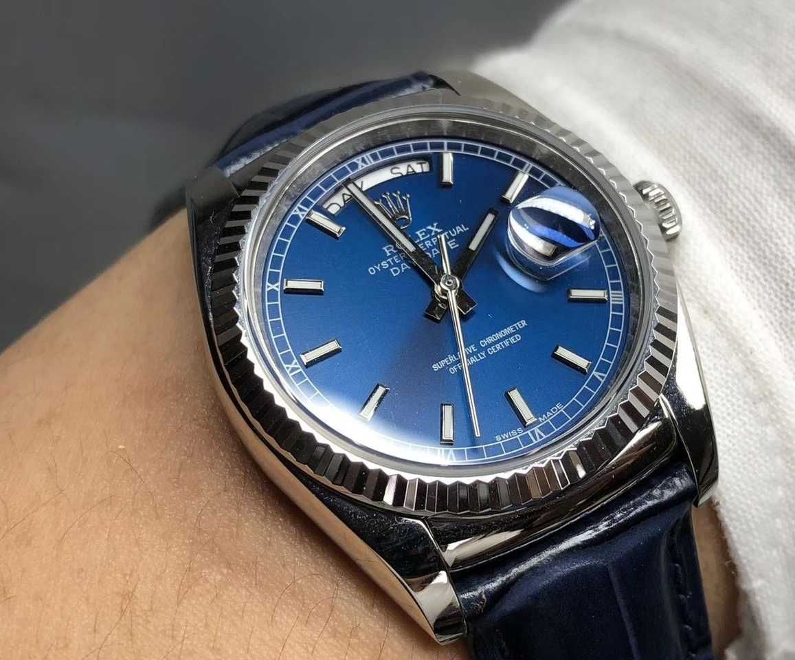 Rolex Day-Date 36 White Gold Fluted Bezel Blue Dial