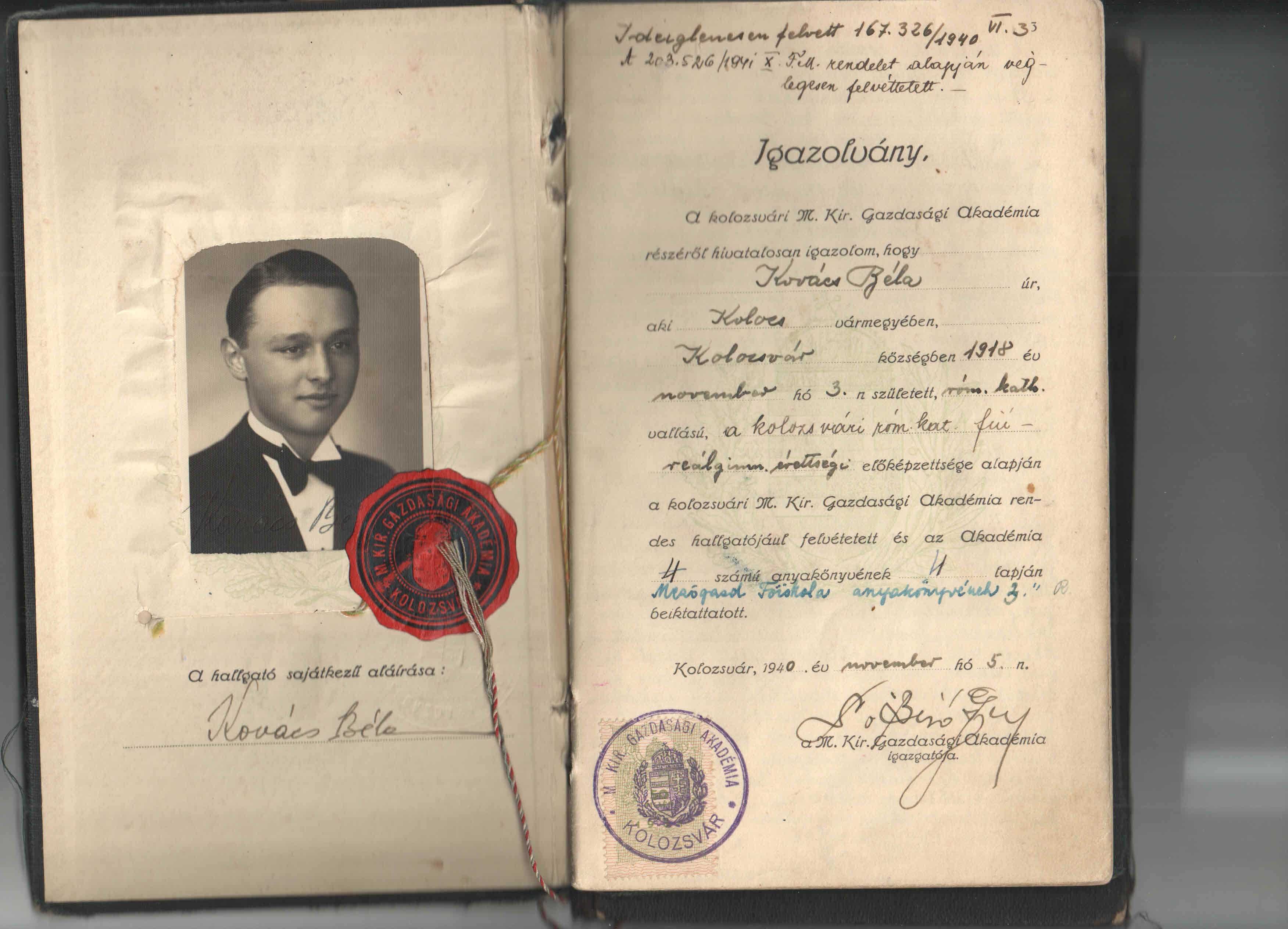 Diploma cu sigiliu de ceara Agronomia Kolozsvar 1941, 1943