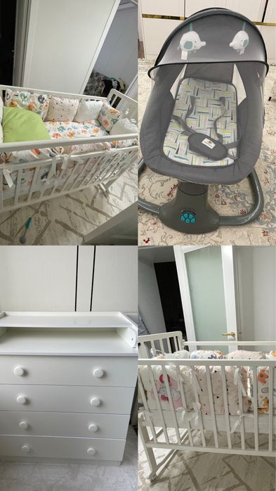 Продаю детскую кроватку на колесиках, комод и шезлонг качели