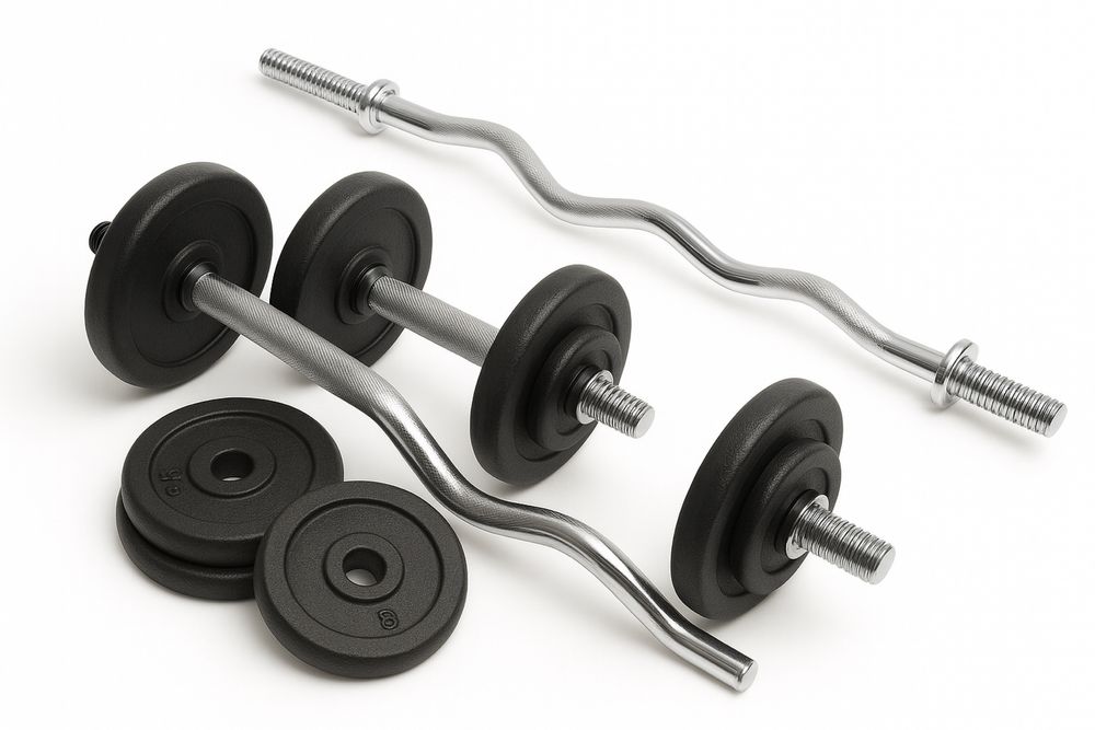 Комплект Дъмбели 2 х 15 кг + крив лост 120 см ф25