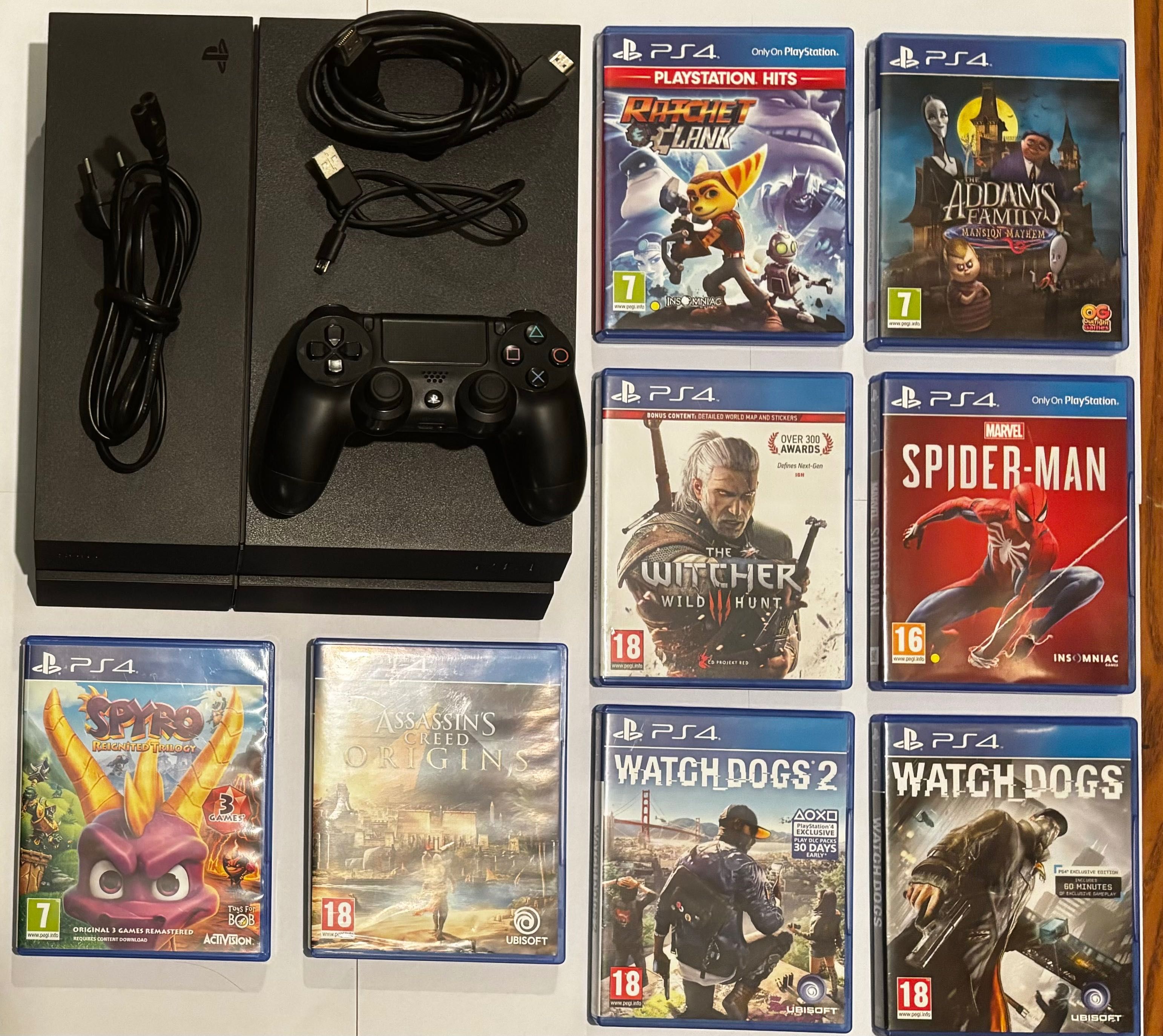 Playstation 4 1TB, 2 контролера, всички кабели и 8 игри