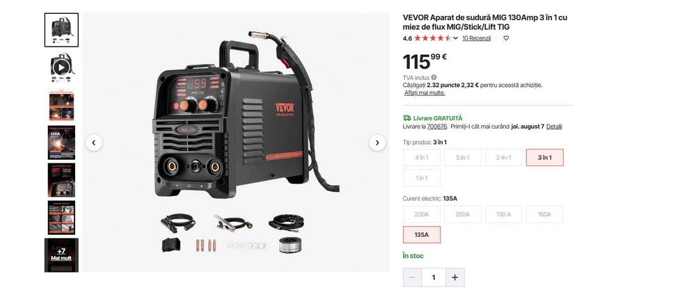 VEVOR Aparat de sudură MIG 130Amp 3 în 1 cu miez de flux -NOU