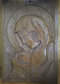 Icoana sculptata in lemn de stejar - Fecioara cu pruncul