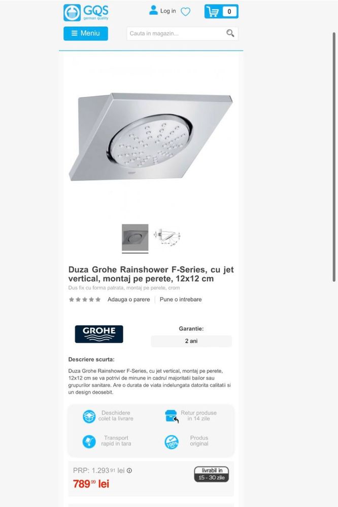 Duza Grohe Rainshower F-Series, cu jet vertical, montaj pe perete