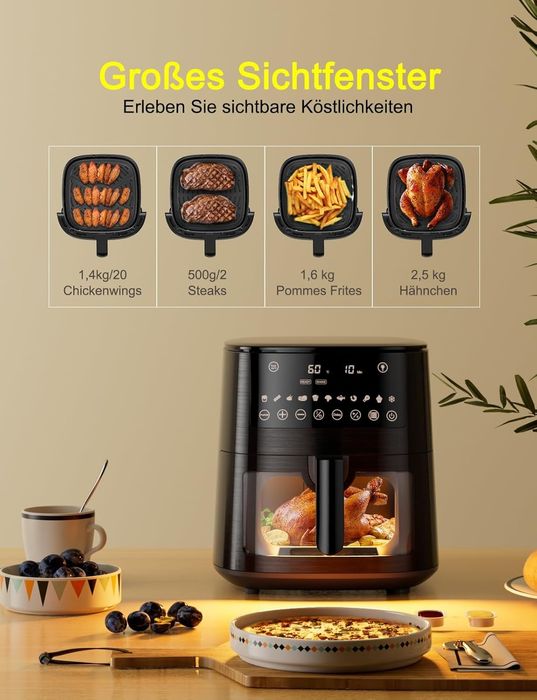 Фритюрник с горещ въздух (Air Fryer) XXL 7.2 литра с прозорец за наблю
