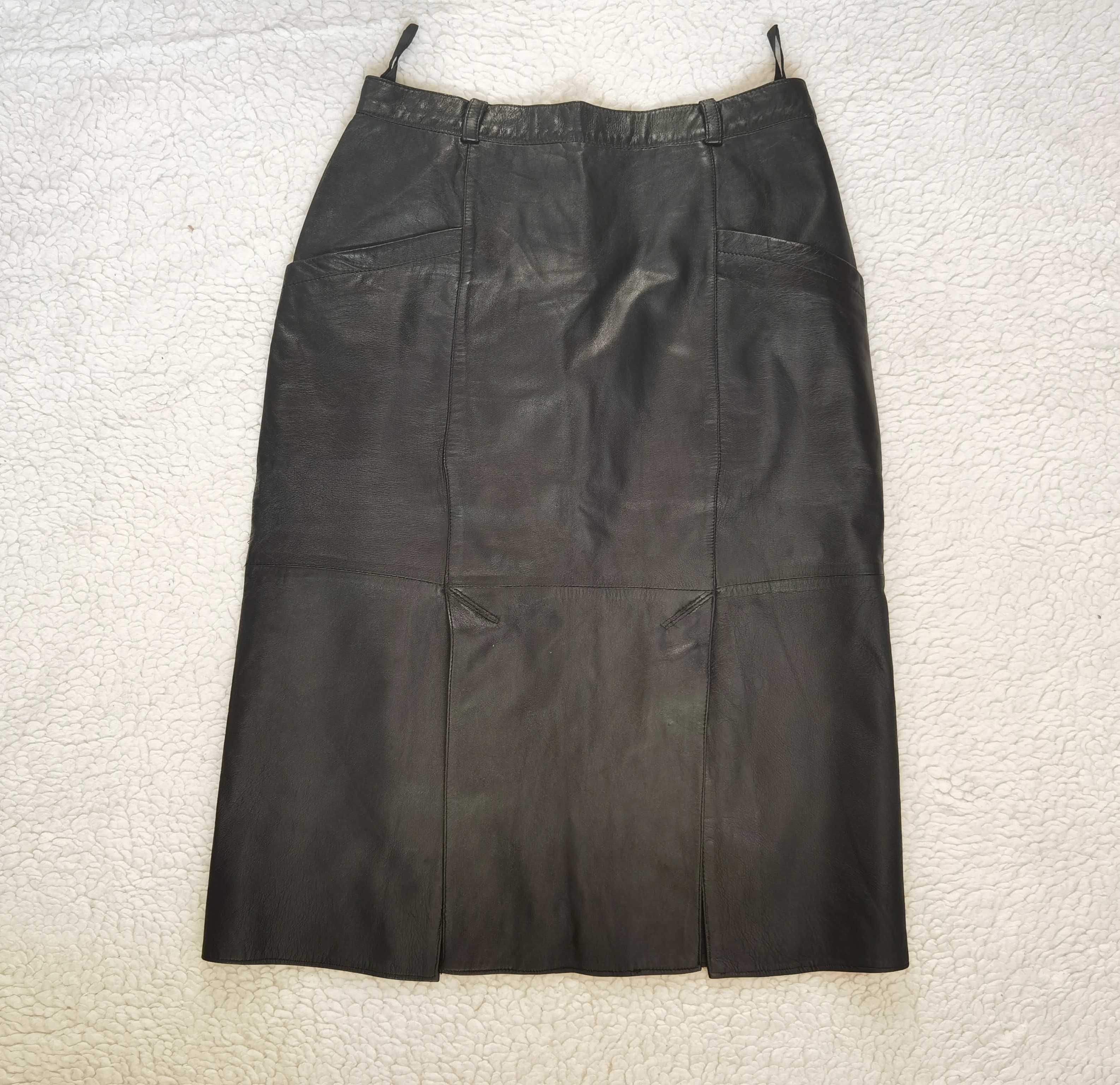Fusta piele naturala neagra fina 2 buzunare crapaturi fata vintage
