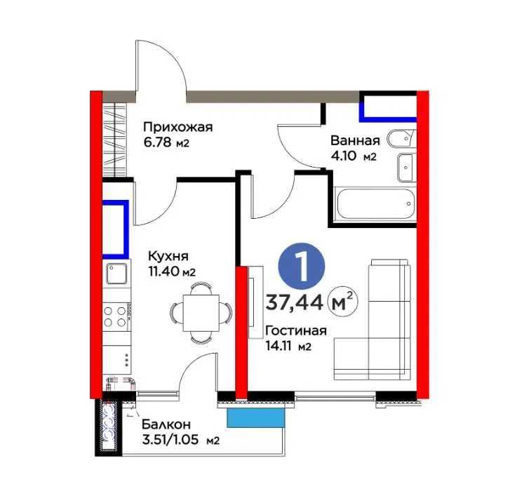 ЖК BI SAN`AT 1-к квартира 37.44 м2. г. Ташкент, ул. Фергана йули