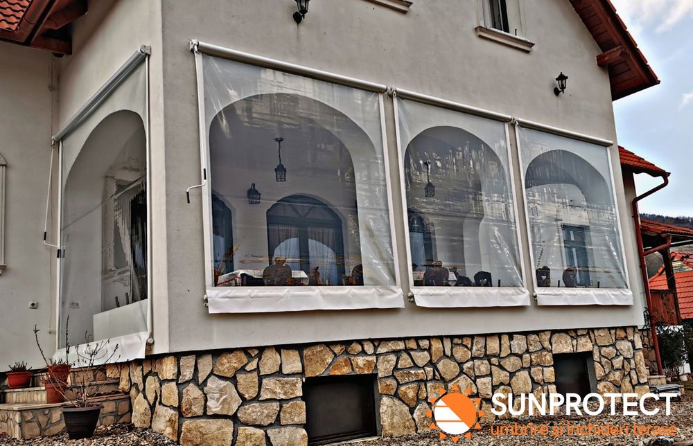 Închidere Terase cu folie Transparenta.Rulou casetat, necasetat, bride