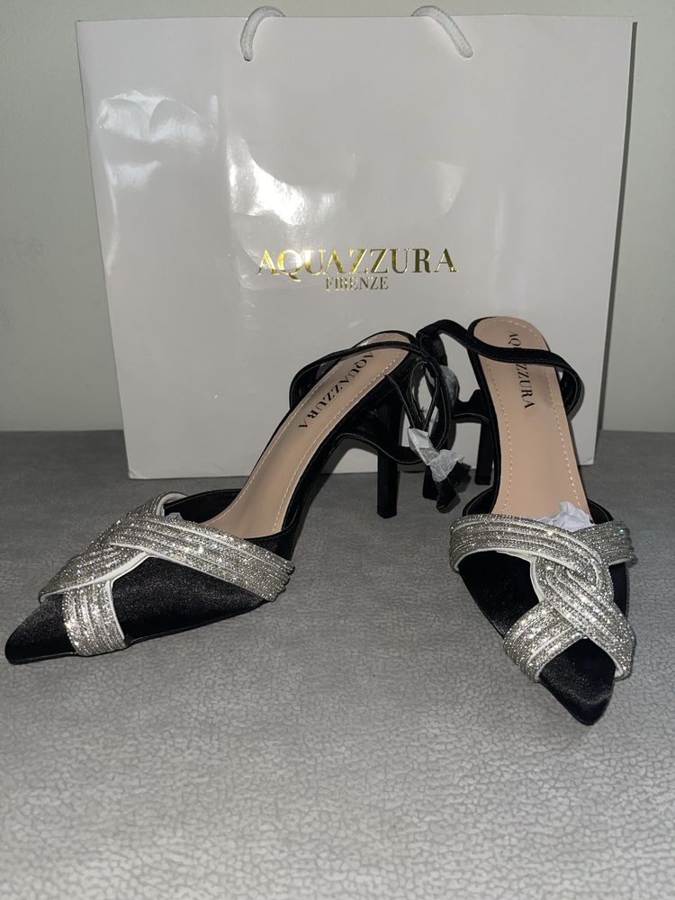 Черни aquazzura сатенени обувки на ток официални лъскави сребърни
