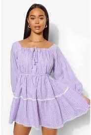 Rochie mov lila cu alb gingham stil fata de masa - L - 150 RON