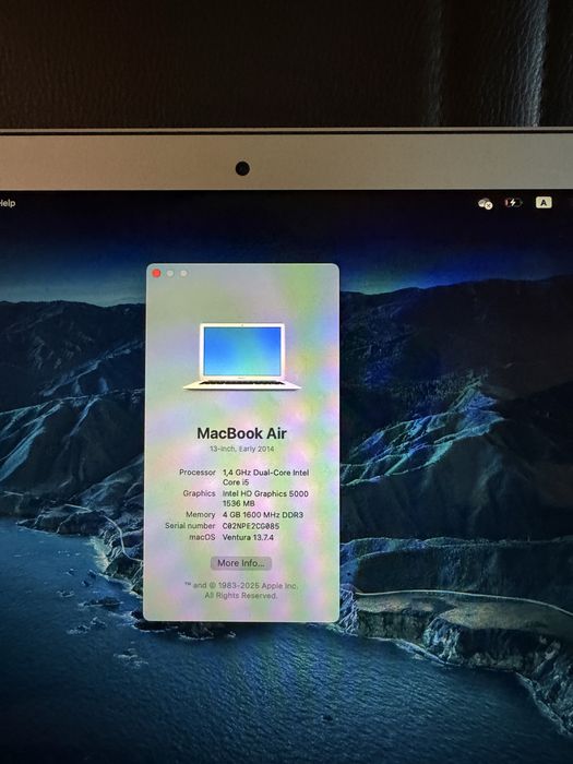 Macbook Air 13 Early 2014 4GB RAM 128GB SSD macOS Ventura