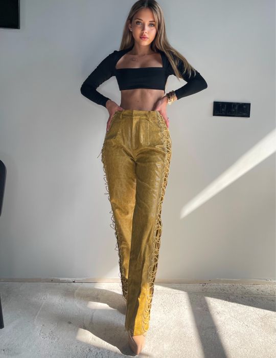 Кожен coachella панталон с връзки каубойски горчица уникален