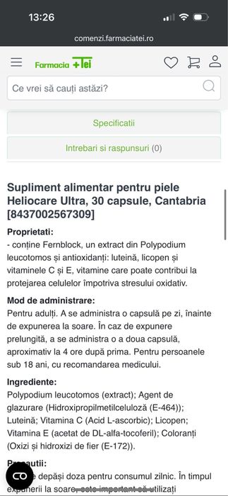 Heliocare supliment alimentar pt piele, 30 capsule