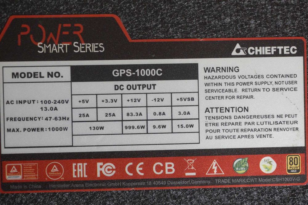 1000W Захранване PSU Chieftec Power Smart Series 80+ Gold/ Вкл.ДДС