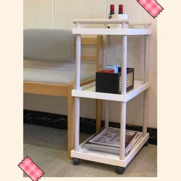 Raft mobil cu 3 polite si 4 roti rotative, suporturi din lemn natural