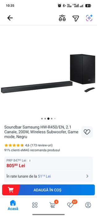 Soundbar Samsung HW-R450/EN, 2.1 Canale, 200W, Wireless Subwoofer