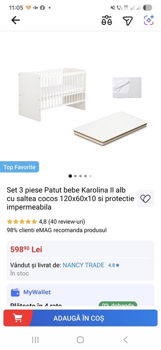 Patut bebe Set 3 piese Patut bebe Karolina II alb cu saltea cocos 120x