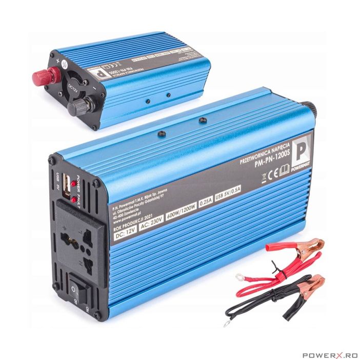 Convertor de tensiune auto, invertor tensiune 12V 230V 1200 W,