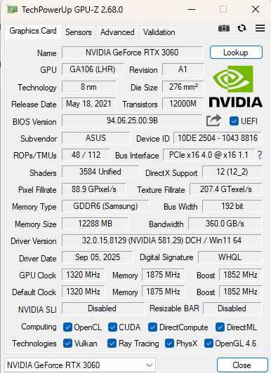ASUS TUF Gaming GeForce RTX 3060 V2 12GB (TUF-RTX3060-012G-V2-GAMING)