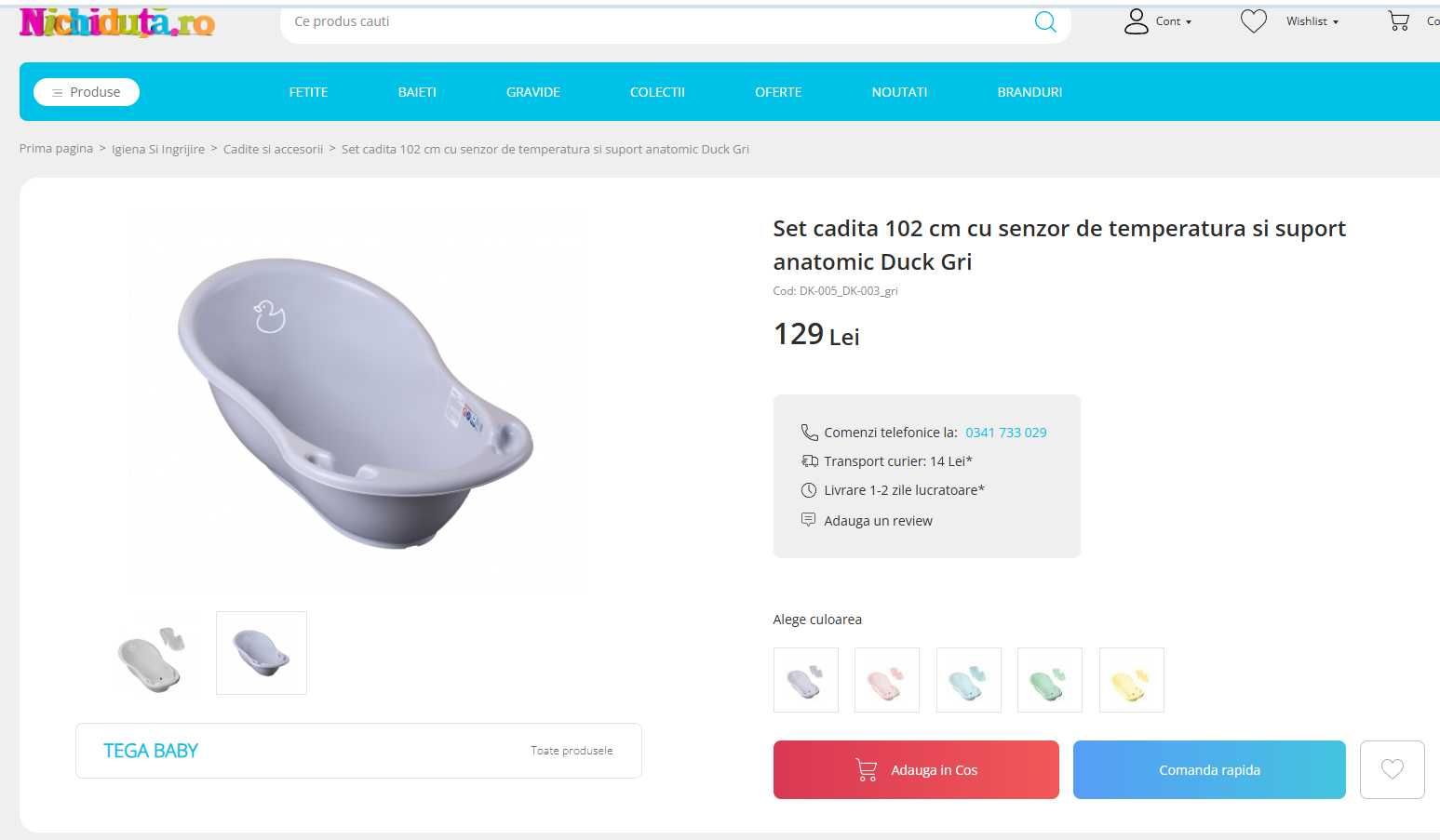 Set cadita 102 cm cu senzor de temperatura si suport anatomic Duck Gri