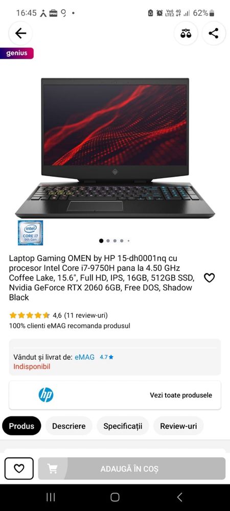 Laptop Gaming HP Omen i7 16 GB Nvidia RTX 2060 SSD 2 TB