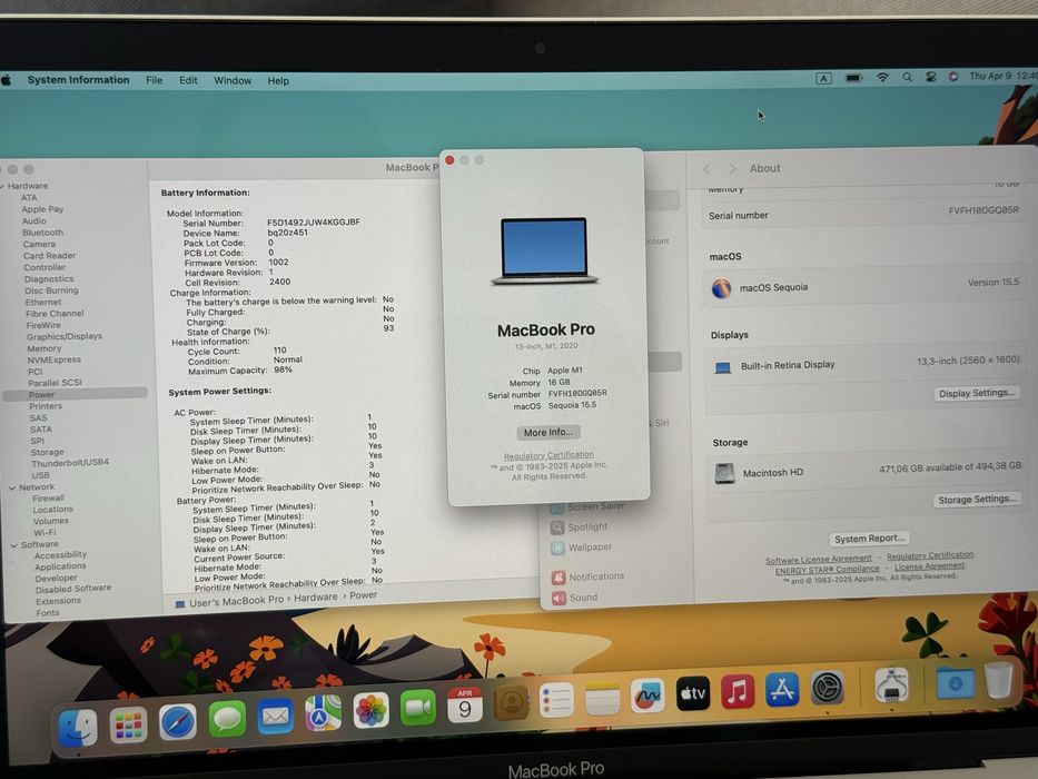 Като Нов 98% Battery 13.3'Macbook Pro M1/16GB Ram/512GB SSD/Silver — миниатюра 8