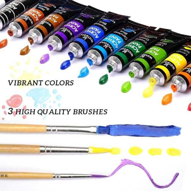 Set acuarele acrilice Premium KOMAZI®, 12 culori x 12 ml + 3 Pensule