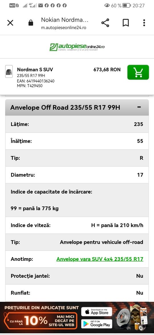 4 Anvelope de Vară Premium Nokian 235 55 R17   DOT 2121  100Ron/bucata