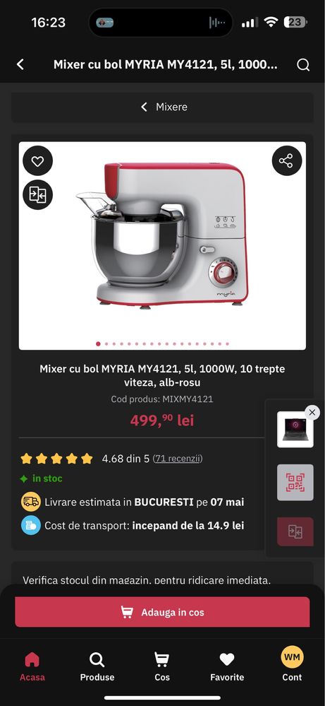 Mixer planetar MYRIA MY4121 – 1000W, bol inox 5L, accesorii incluse