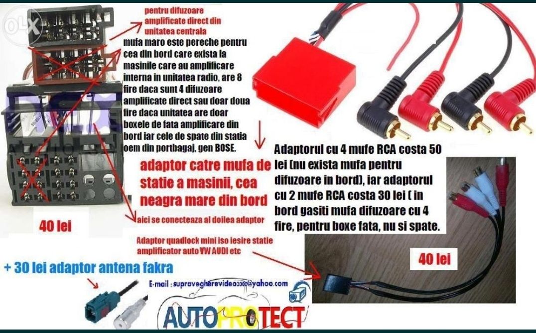 Adaptor mufa amplificare BOSE Audi VW mini ISO 2 sau 4 mufe RCA tata