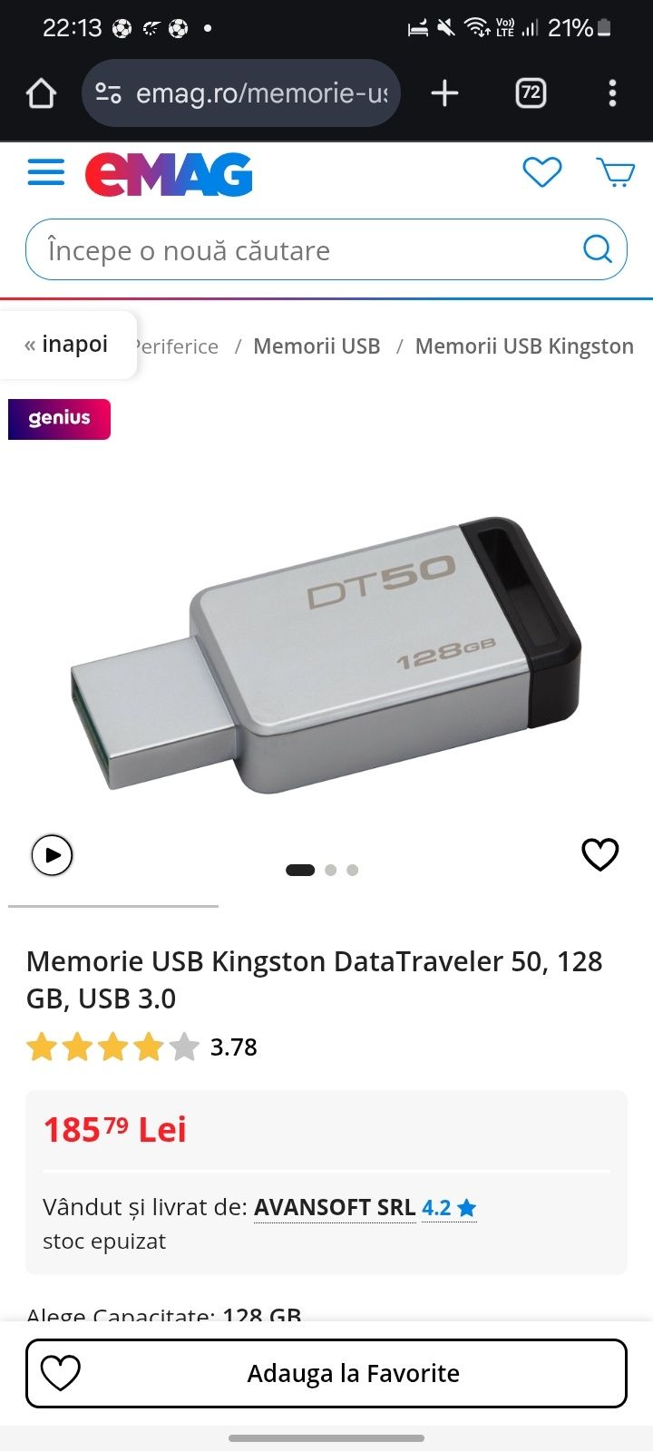 Memorie USB Kingston DataTraveler 50, 128 GB