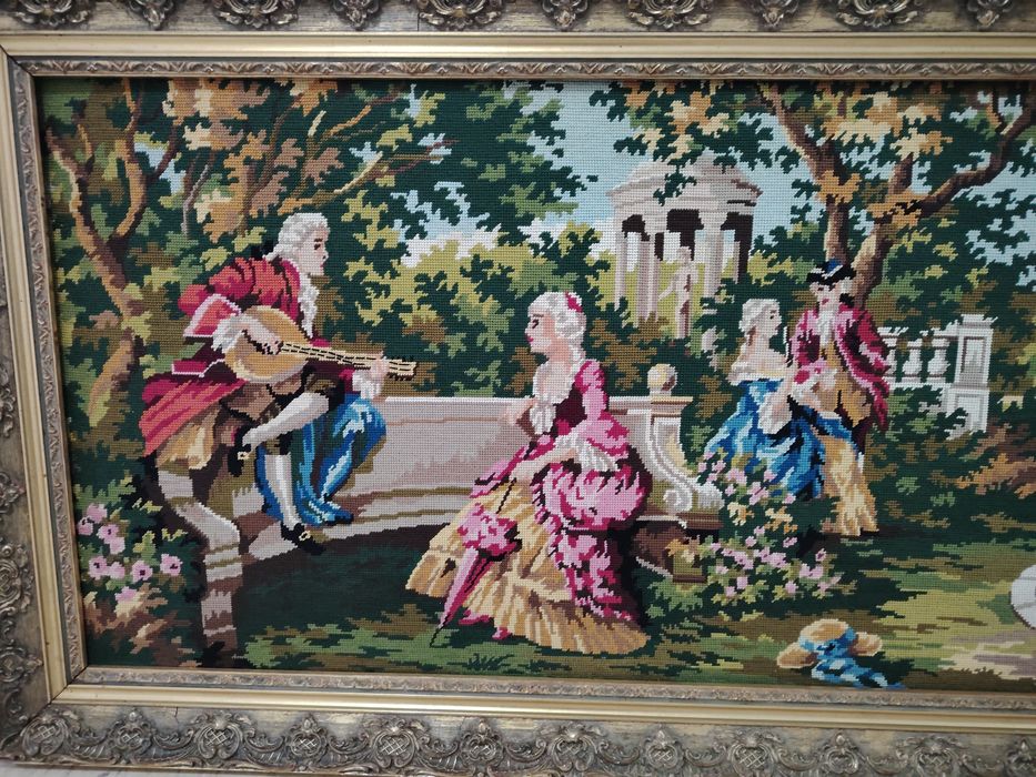 Goblen superb de dimensiuni mari,scena galanta încadrată într-o ra