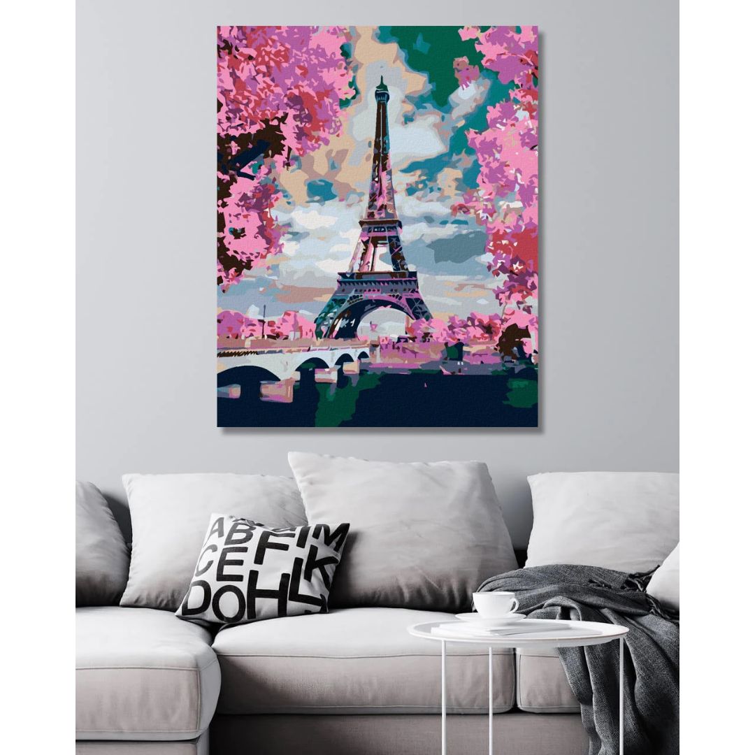 Pictura pe numere, panza, rama, 40x50cm, pensule si vopsea,Turn Eiffel