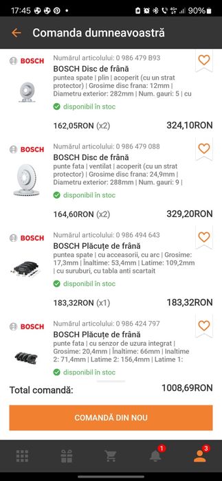 Set placute+discuri de frana Bosch spate