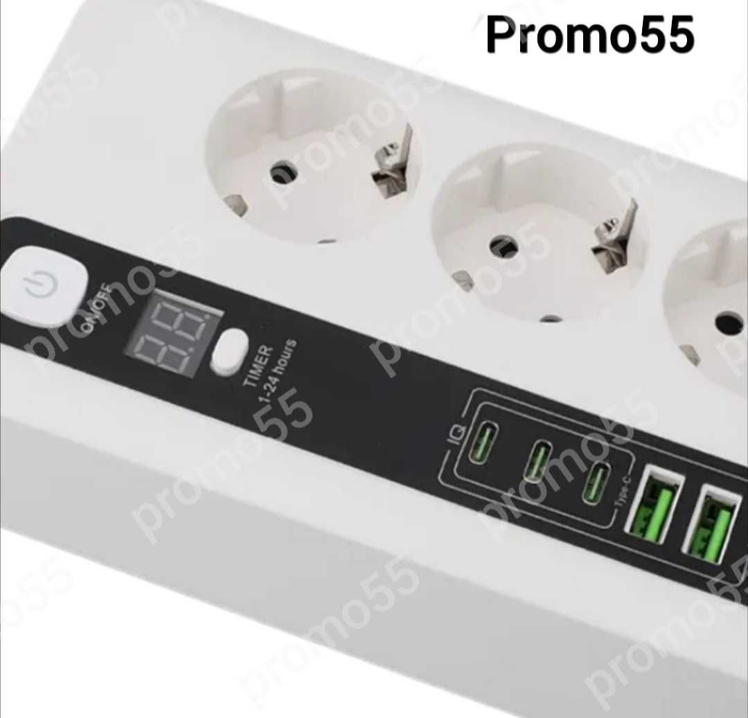 ПРОМО! Разклонител с USB 2бр,Type-c 3бр, EU-3бр 3000W Ключ, Таймер