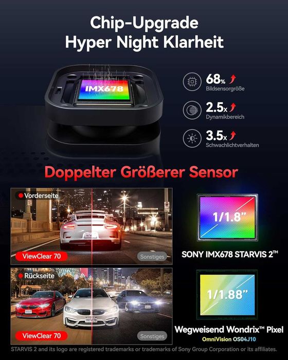 REDTIGER VC70 Dashcam, двуканална камера 4K предно и 2.5K задно видео