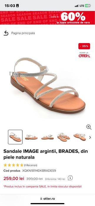 Sandale Image Argintii piele naturală 37