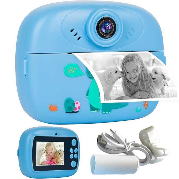 Детски фотоапарат с принтер 2.4 инчов екран, игри, хартия, син и розов