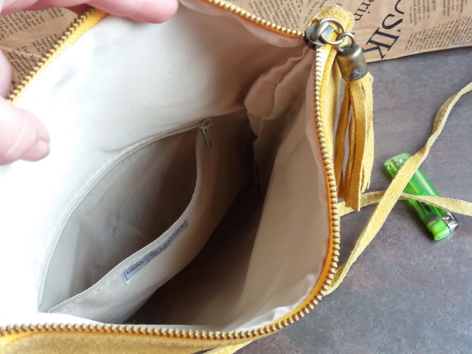 дамска чанта,велурена торба-жълта естествена кожа,велур