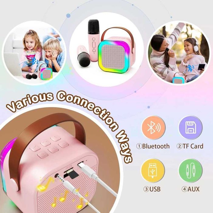 Boxa Karaoke pentru copii cu 2 Microfoane Wireless, LED, Bluetooth