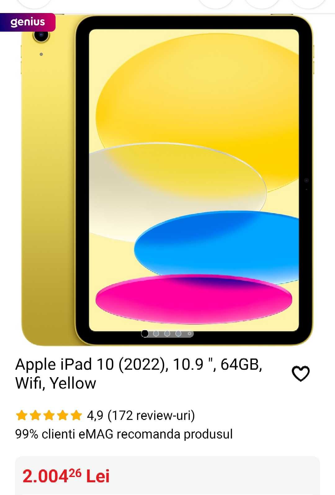 Apple iPad 10 64Gb WiFi Yellow Silver Nou Sigilat Blue