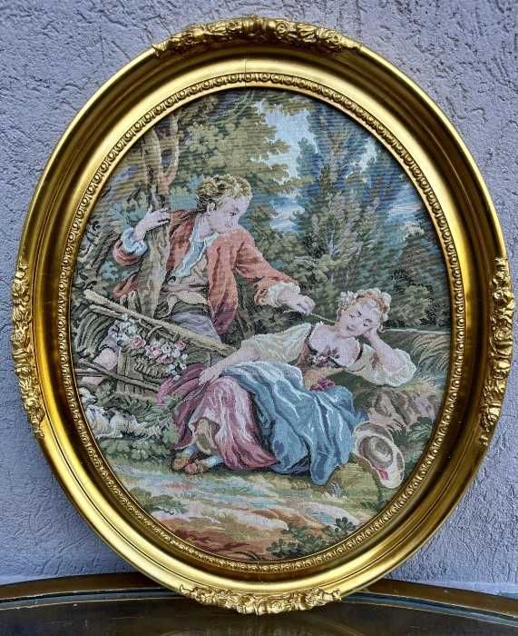 Eleganta tapiserie franceza-forma ovala-scena galanta-Franta