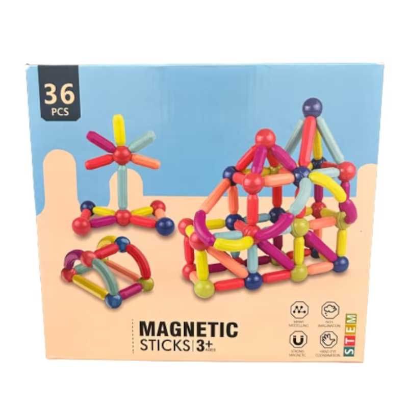 Set de construit cu 36 piese magnetice, Magnetic Sticks, Multicolor