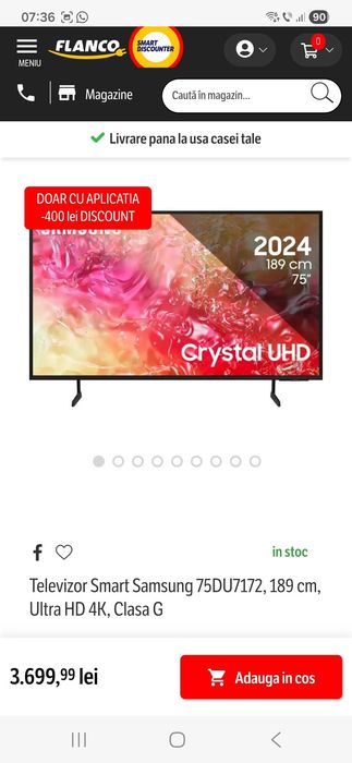 Vand TV nou-nout Smart Samsung 75DU7172 189 cm Ultra HD 4k clasa G