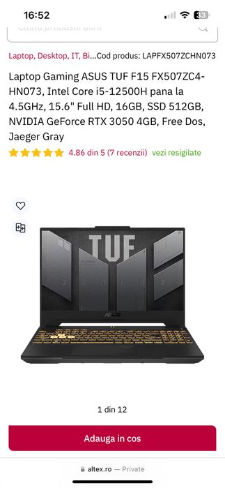 Laptop Gaming Asus i5 gen 12 RTX3050 16gb ram 500gb garantie