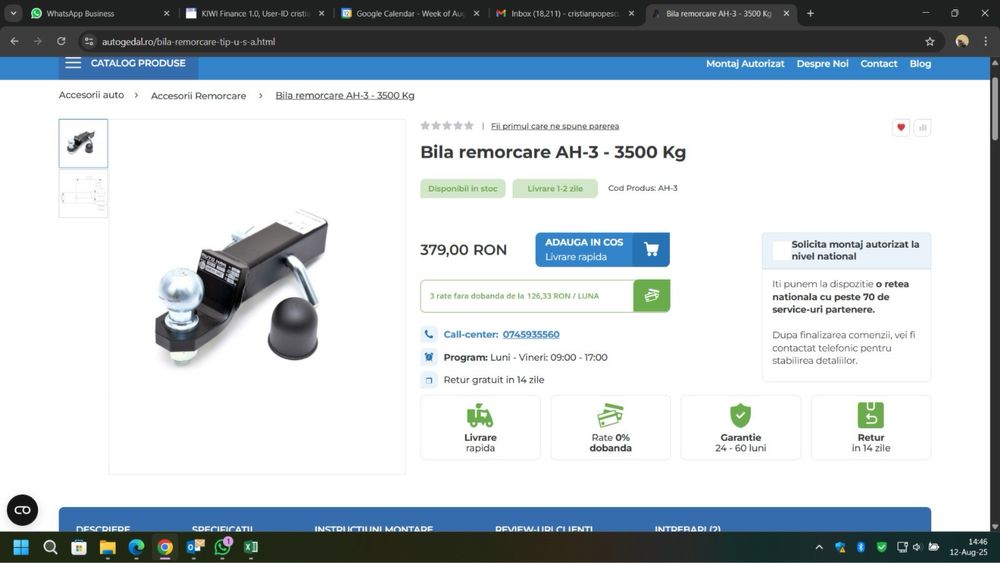 Bila remorcare AH-3 - 3500 Kg - carlig remorcare