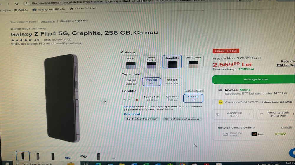 Samsung Galaxy Z Flip 4 256 GB negru graphite nou la cutie
