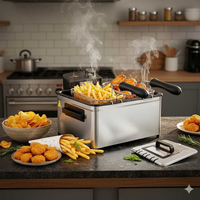 Фритюрник Cheffinger CF-EDP5.0 –5L,2000W,неръждаема стомана,3 кошници