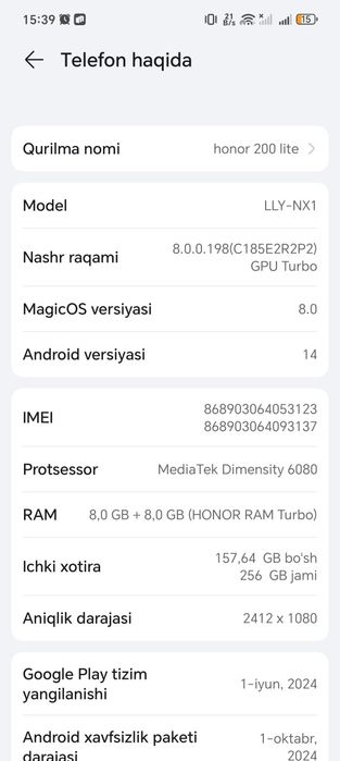 Honor 200 lite telefoni sotiladi 8/256