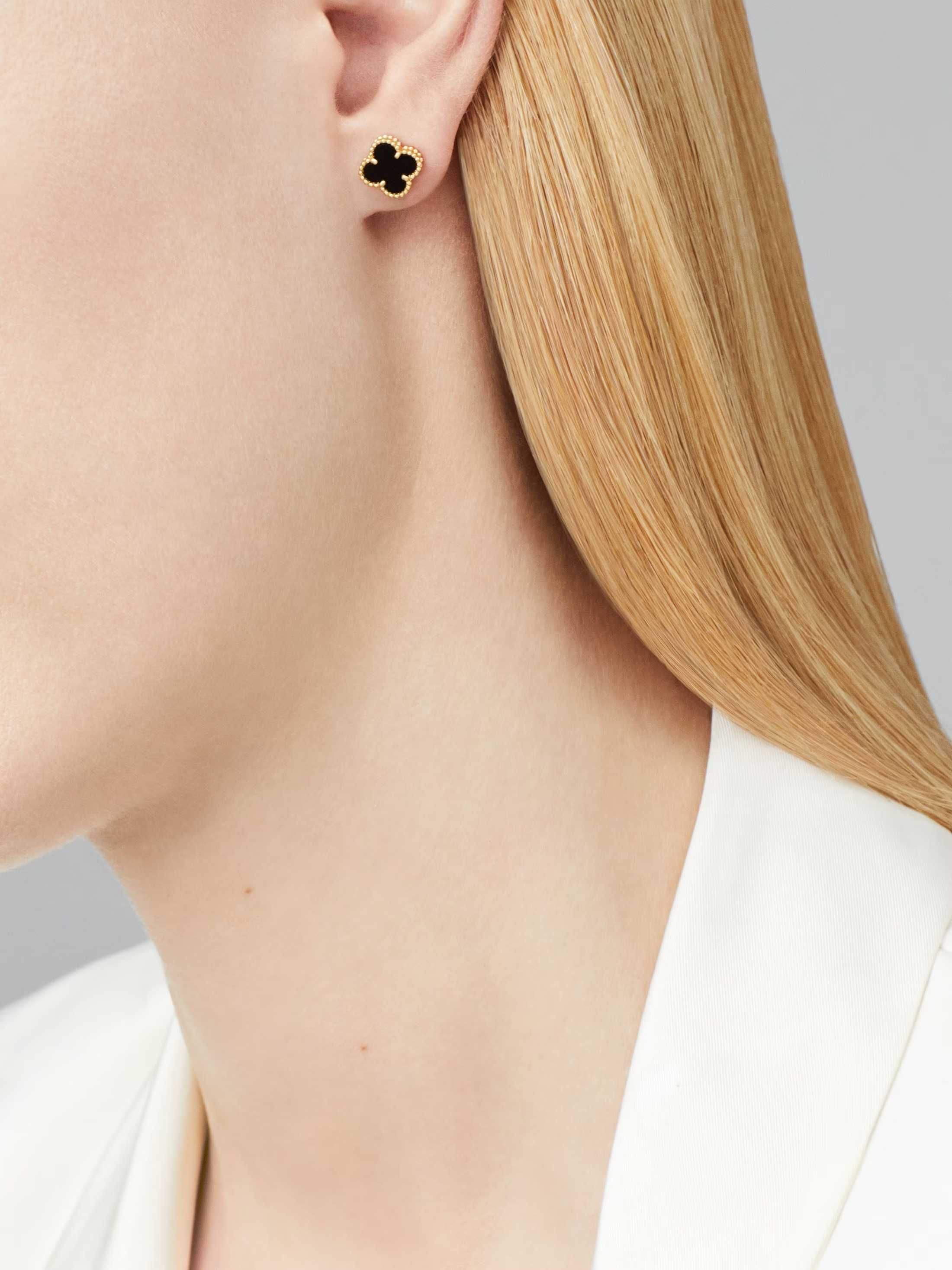 Van Cleef & Arpels VCA Silver Onyx Sweet Alhambra Clover Дамски Обеци